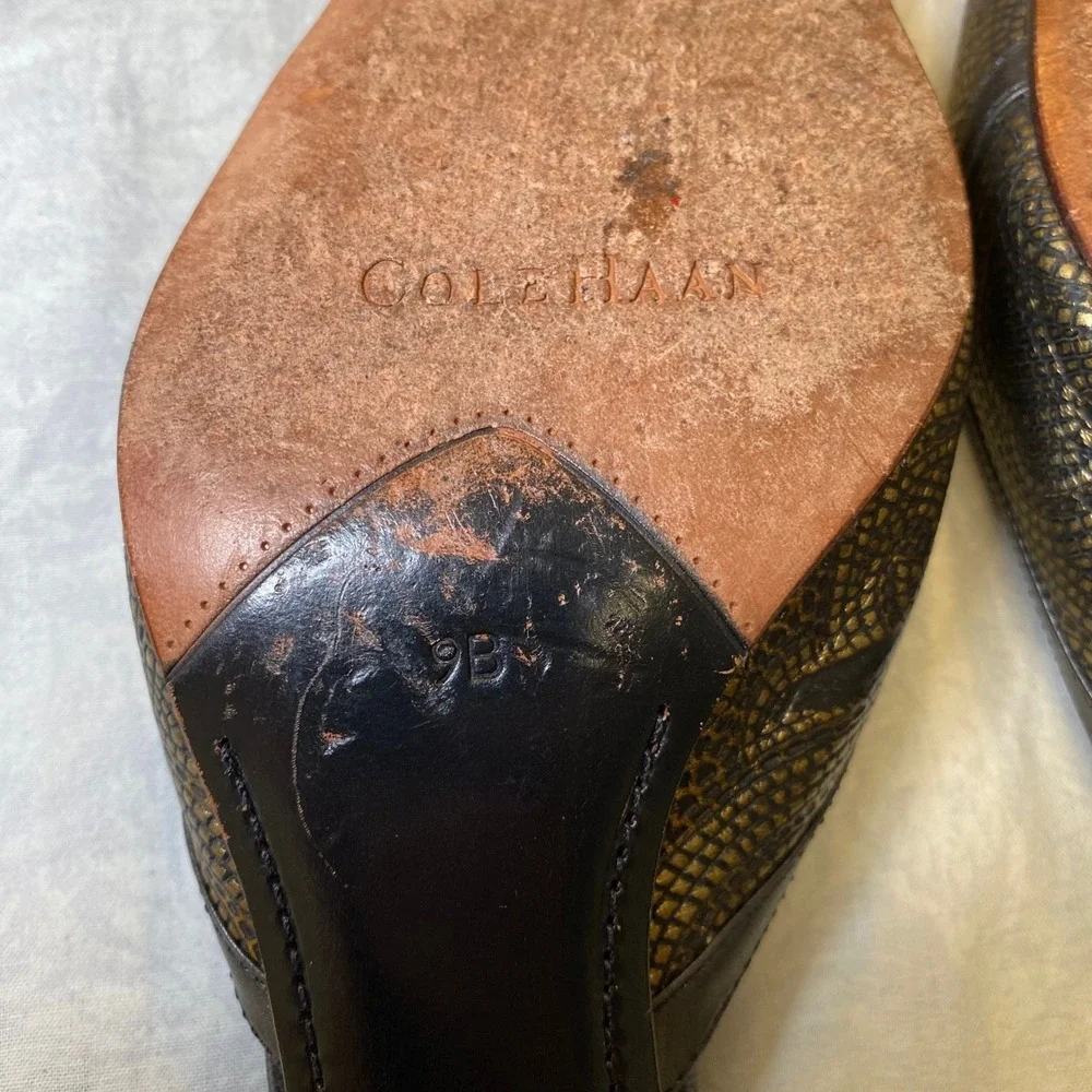 Cole Haan City Women's Mule Heels 9B Bronze Black Leather‎ Pointed Toe